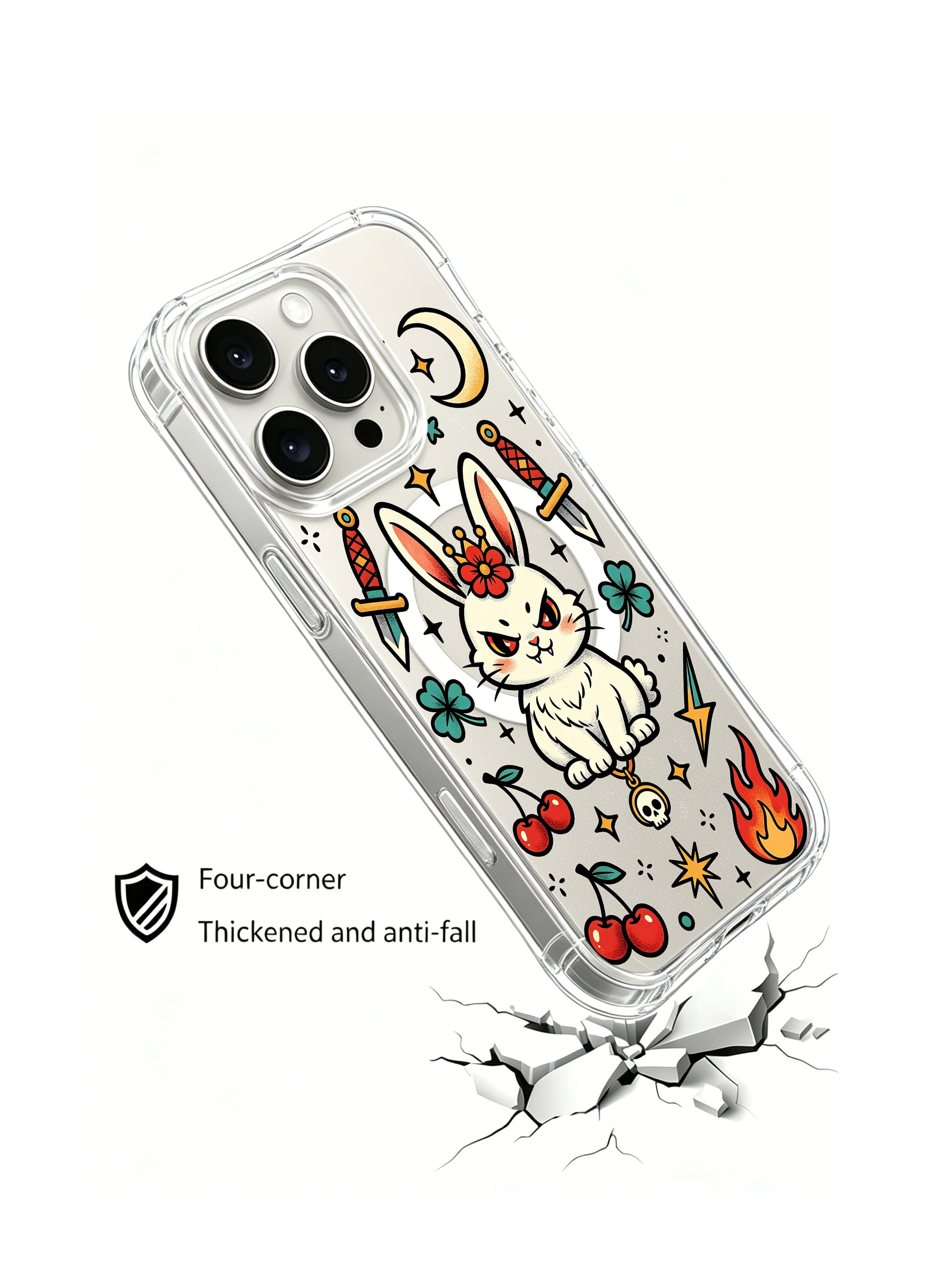 PhoneCasing iPhone 15 pro Case dagger-free asymmetrical layout, paired green shamrocks and unyielding rebel bunny artwork, slim anti-yellowing iPhone 15 pro casing with complimentary free US domestic shipping.
