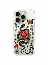 Rose serpent with butterfly and clovers artwork on an iPhone 15 Pro case