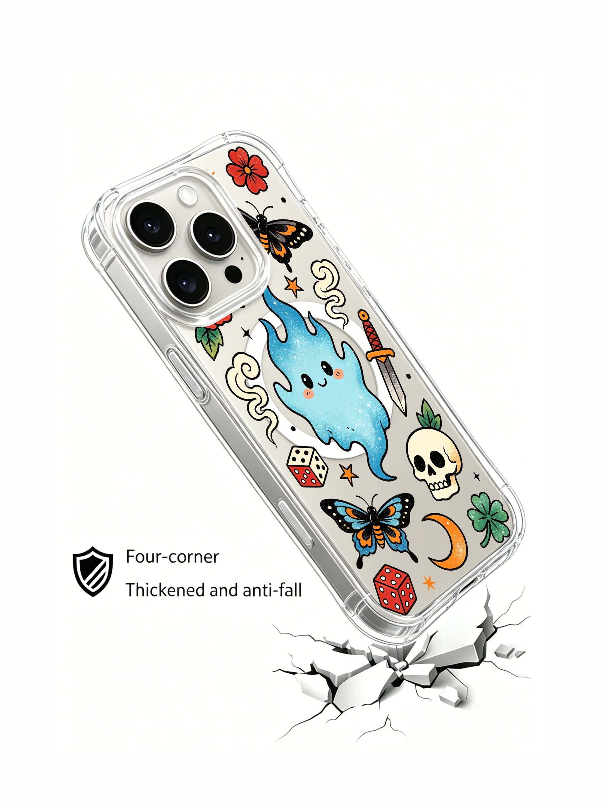 PhoneCasing iPhone 15 pro Case dice-free asymmetrical layout, paired red floral blooms and playful spirit ghost tattoo art, slim anti-yellowing iPhone 15 pro casing with complimentary free US domestic shipping.
