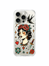 Woman with asymmetric skull composition artwork on an iPhone 15 Pro case