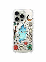 Whimsical ghost with asymmetric dice composition artwork on an iPhone 15 Pro case