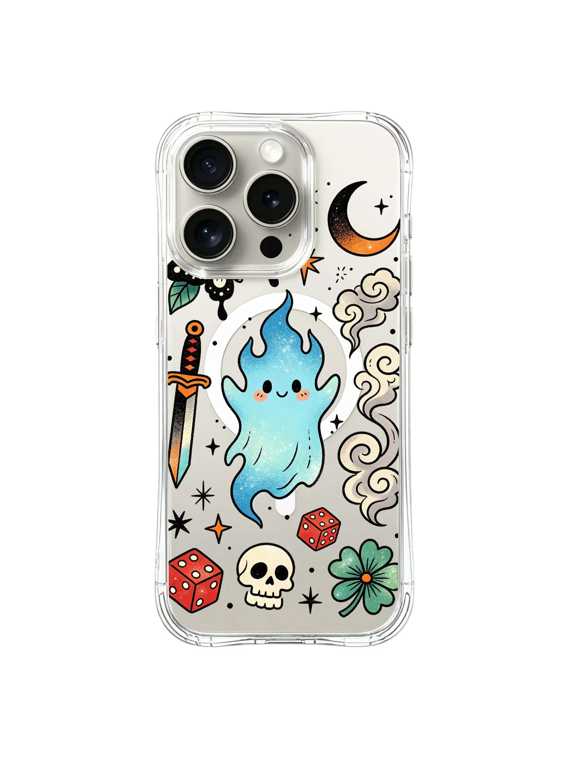 PhoneCasing iPhone 15 pro Case moon-free asymmetrical design, assorted varying-size spotted dice and scattered floral surrounding friendly ghost art, custom fade-resistant printed iPhone 15 pro casing.