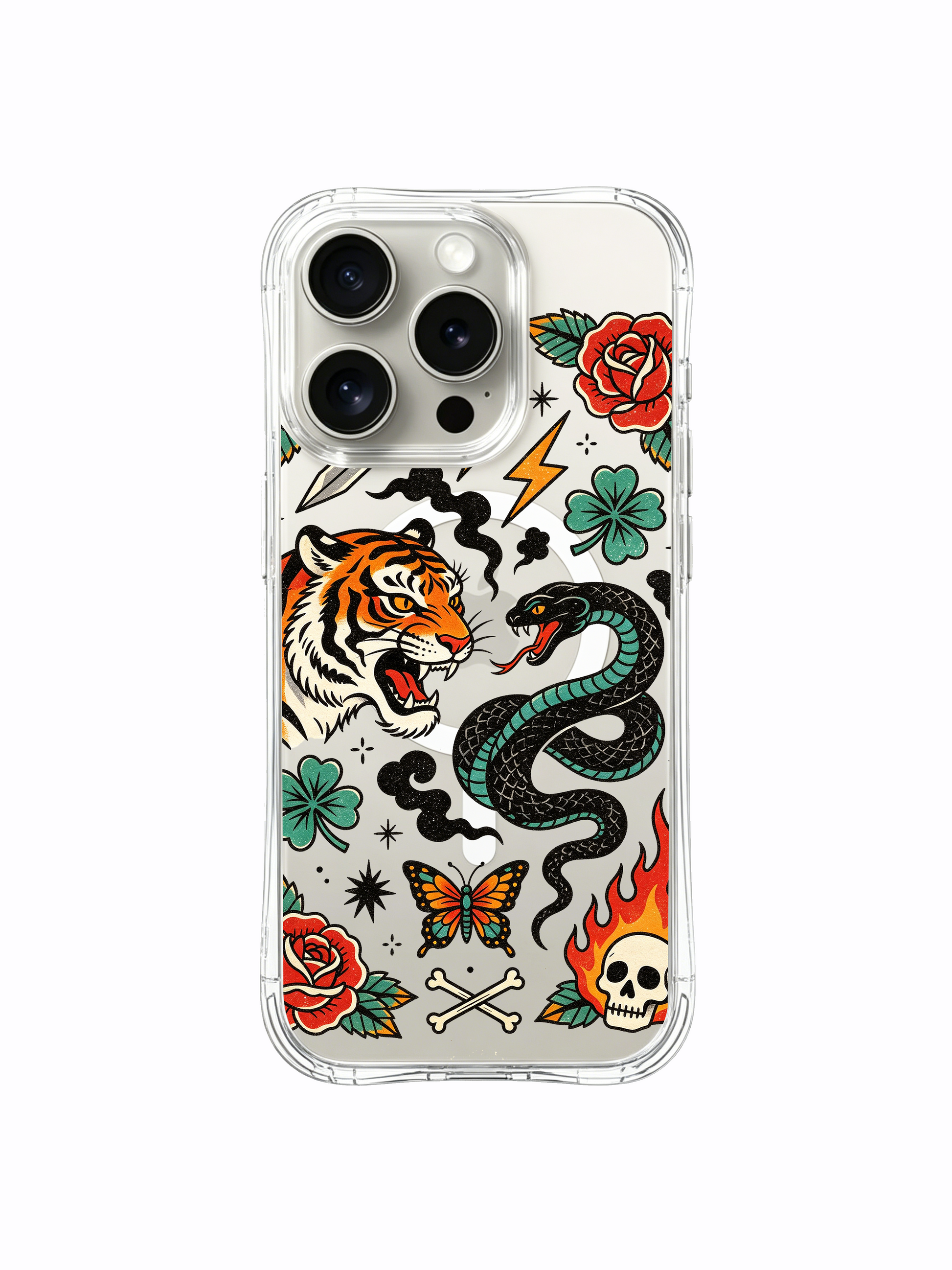 PhoneCasing iPhone 15 pro Case rose-free asymmetrical design, assorted varying-size smoke swirls and scattered lightning surrounding duel beast art, custom fade-resistant printed iPhone 15 pro casing.
