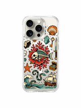 PhoneCasing iPhone 15 pro Case shell-free asymmetrical design, assorted varying-size ocean rocks and scattered coral sprigs surrounding submerged skull fish art, custom UV-printed printed iPhone 15 pro casing.