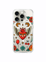 PhoneCasing iPhone 15 pro Case skull-free asymmetrical design, assorted varying-size stars and scattered red blooms surrounding roaming heart art, custom UV-printed printed iPhone 15 pro casing.