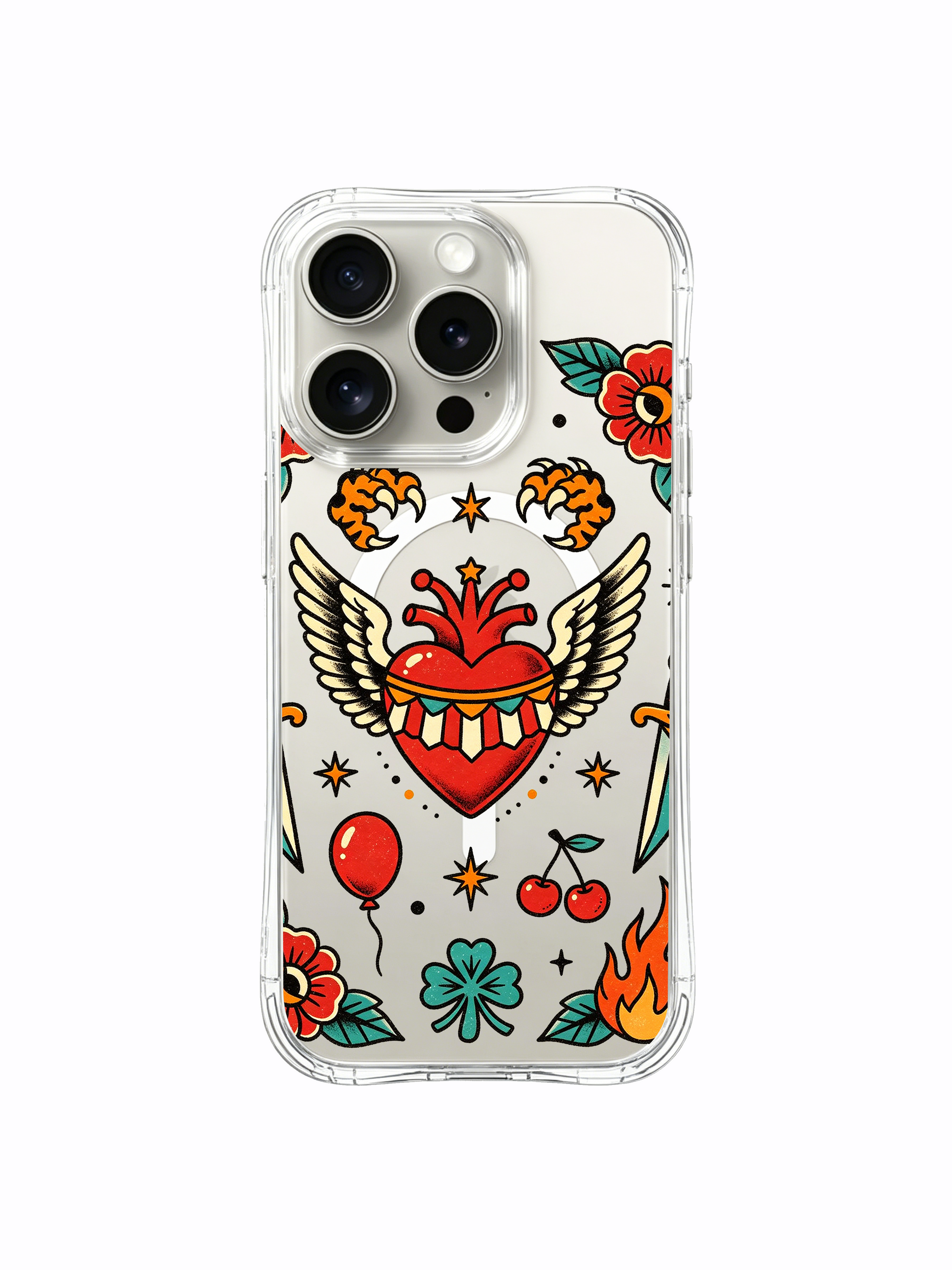 PhoneCasing iPhone 15 pro Case skull-free asymmetrical design, assorted varying-size stars and scattered red blooms surrounding roaming heart art, custom fade-resistant printed iPhone 15 pro casing.