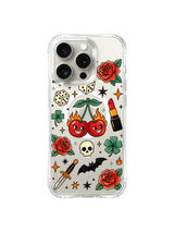 PhoneCasing iPhone 15 pro Case flame-free asymmetrical design, assorted varying size stars and scattered red blooms around mischievous fire cherry art, custom UV-printed printed iPhone 15 pro casing.