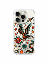 Eagle with stars, petals, skull and snake artwork on an iPhone 15 Pro case