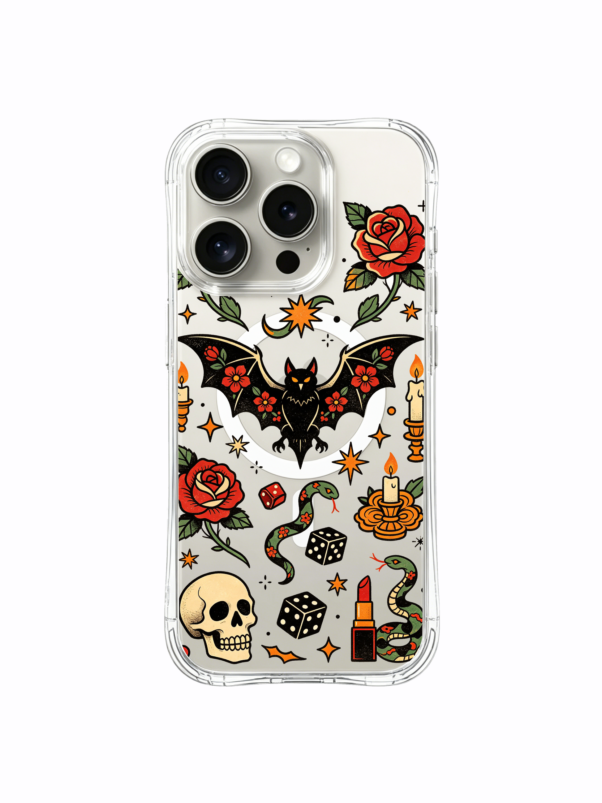 PhoneCasing iPhone 15 pro Case flame-free asymmetrical design, assorted multi-size stars and scattered red roses around goth bat skull snake art, custom fade-resistant printed iPhone 15 pro casing.