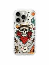 Western skull with two daggers, roses and stars artwork on an iPhone 15 Pro case
