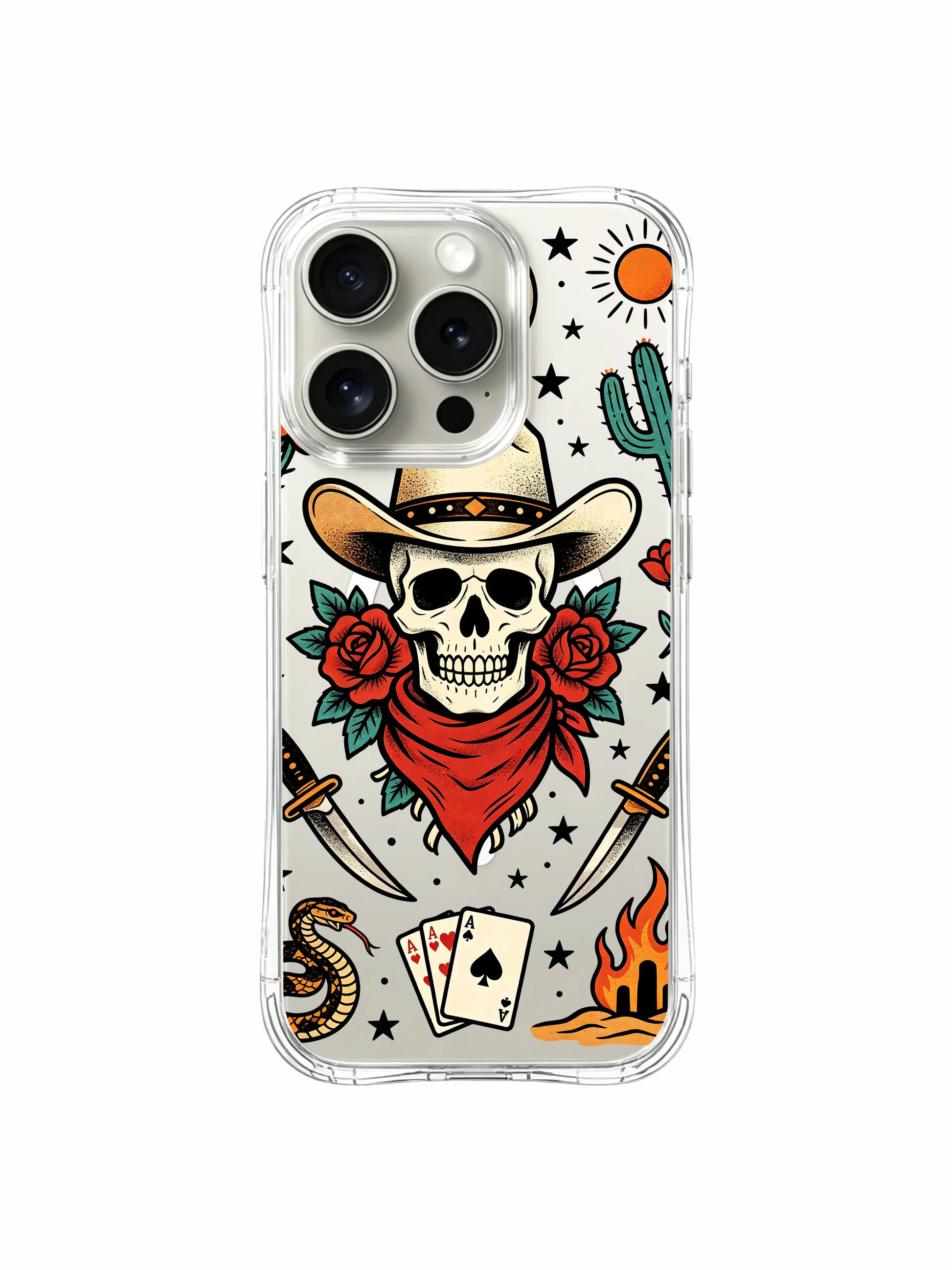 PhoneCasing iPhone 15 pro Case horseshoe-free layout, dual side daggers, twin roses and scattered star accents, limited-run artist-designed protective iPhone 15 pro casing.