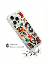 Asymmetric tiger and serpent duel with two red rose clusters artwork on an iPhone 15 Pro case