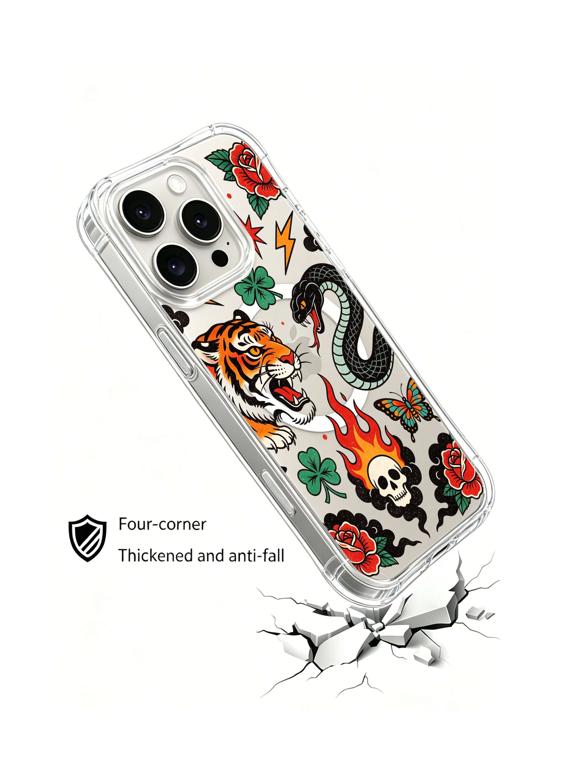 PhoneCasing iPhone 15 pro Case lightning-free asymmetrical layout, paired red rose bushes and clashing predator tattoo art, slim anti-yellowing iPhone 15 pro casing with complimentary free US domestic shipping.
