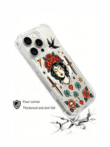 Asymmetric storm lady with two red rose clusters artwork on an iPhone 15 Pro case