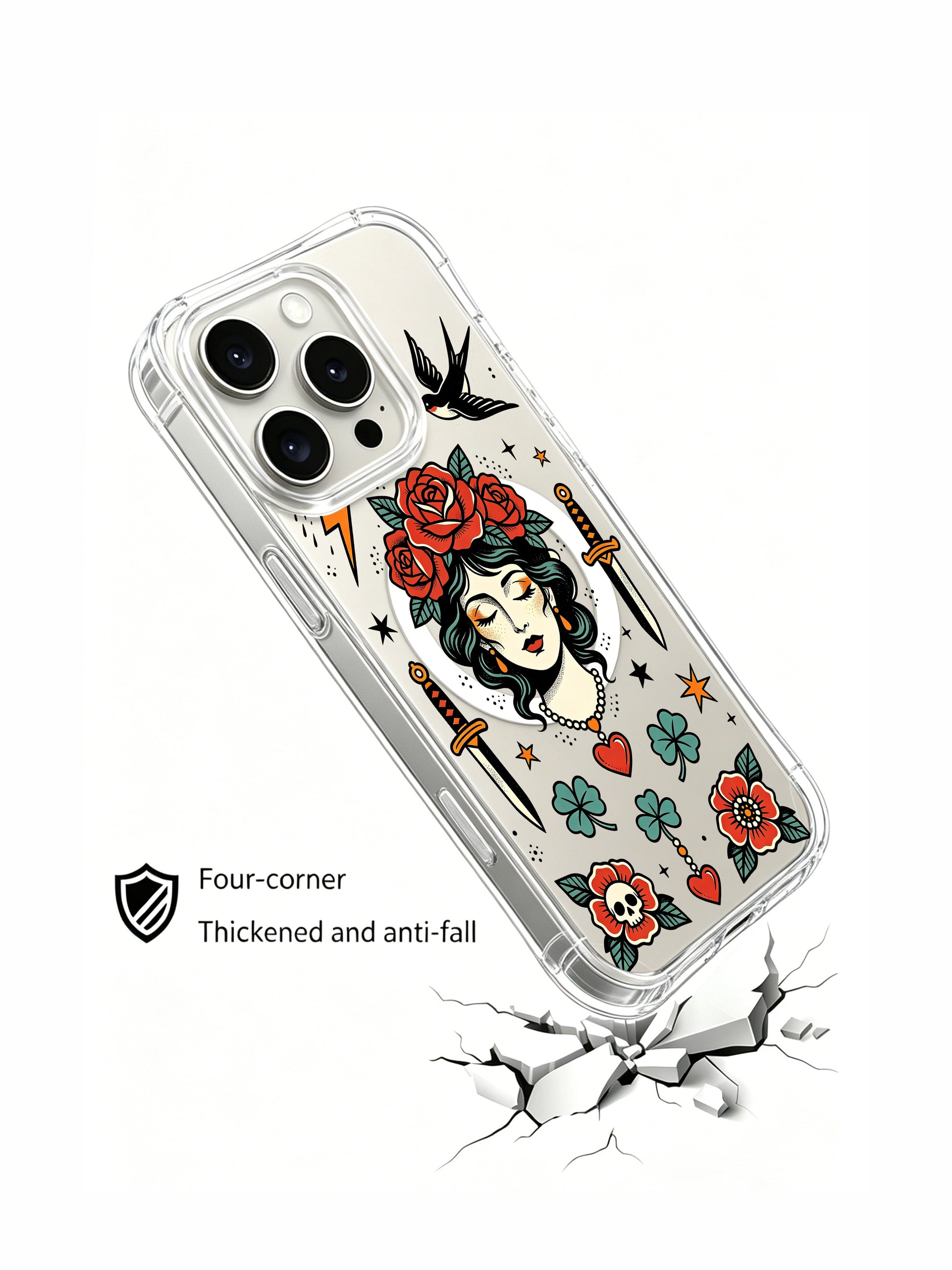 PhoneCasing iPhone 15 pro Case lightning-free asymmetrical layout, paired full red rose clusters and goth skull floral accents beside serene vintage woman, slim anti-yellowing iPhone 15 pro casing with complimentary free US domestic shipping.