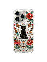 Black cat with asymmetrical dagger, hearts and stars artwork on an iPhone 15 Pro case