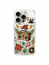 Retro radio with flame, hearts and stars artwork on an iPhone 15 Pro case