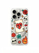 PhoneCasing iPhone 15 pro Case lipstick-free layout, queen crying heart, triple star motifs, full bloom roses and small fiery accent, limited-run artist-designed clear phone casing.