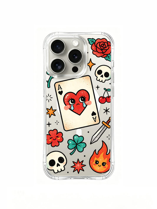 PhoneCasing iPhone 15 pro Case lipstick-free layout, queen crying heart, triple star motifs, full bloom roses and small fiery accent, limited-run artist-designed clear phone casing.
