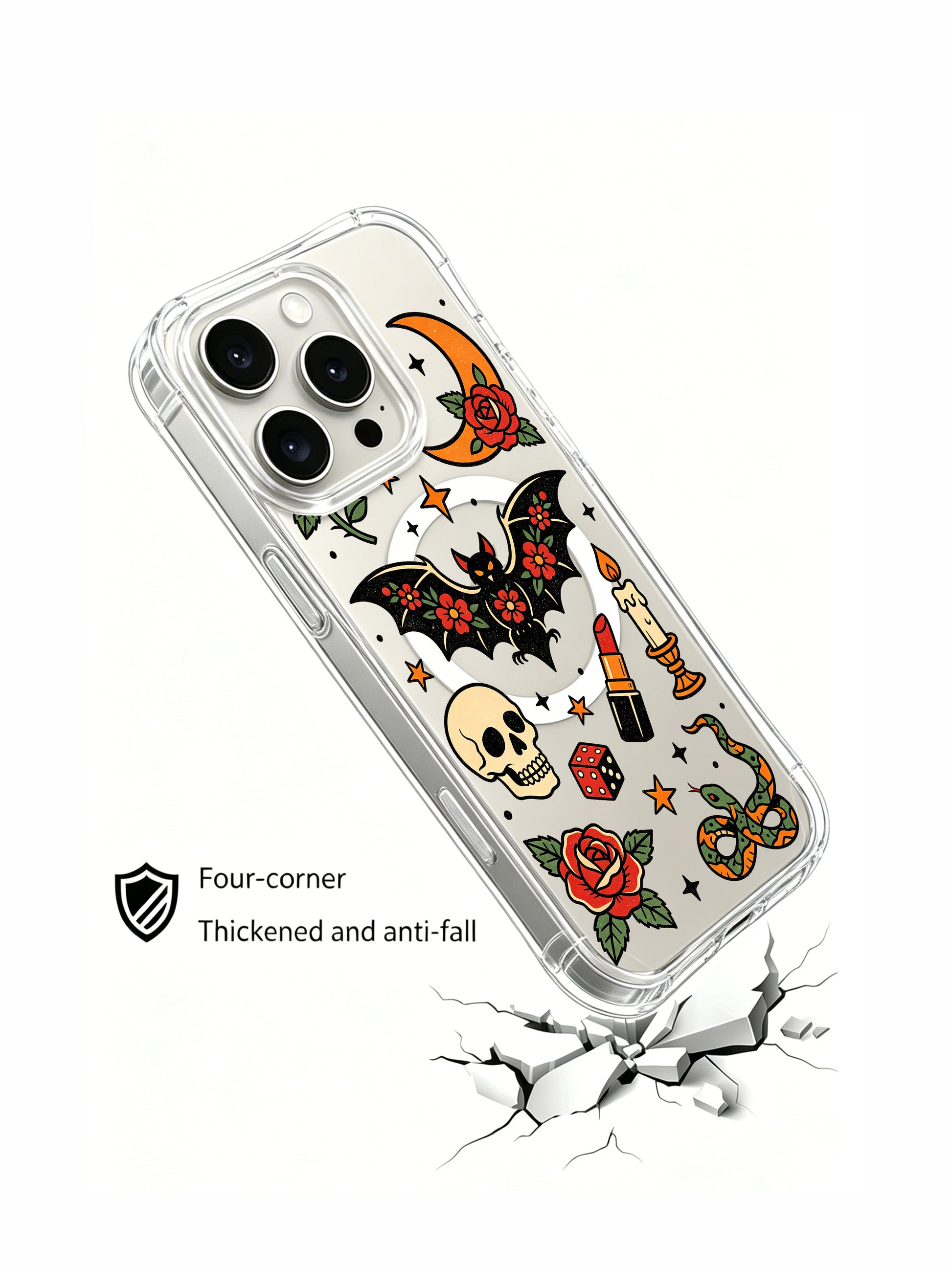 PhoneCasing iPhone 15 pro Case moon-free asymmetrical layout, two tiny sun icons, goth floral bat, red blooms and small serpent print, sparse star details, slim anti-yellowing iPhone 15 pro casing with free US domestic shipping.