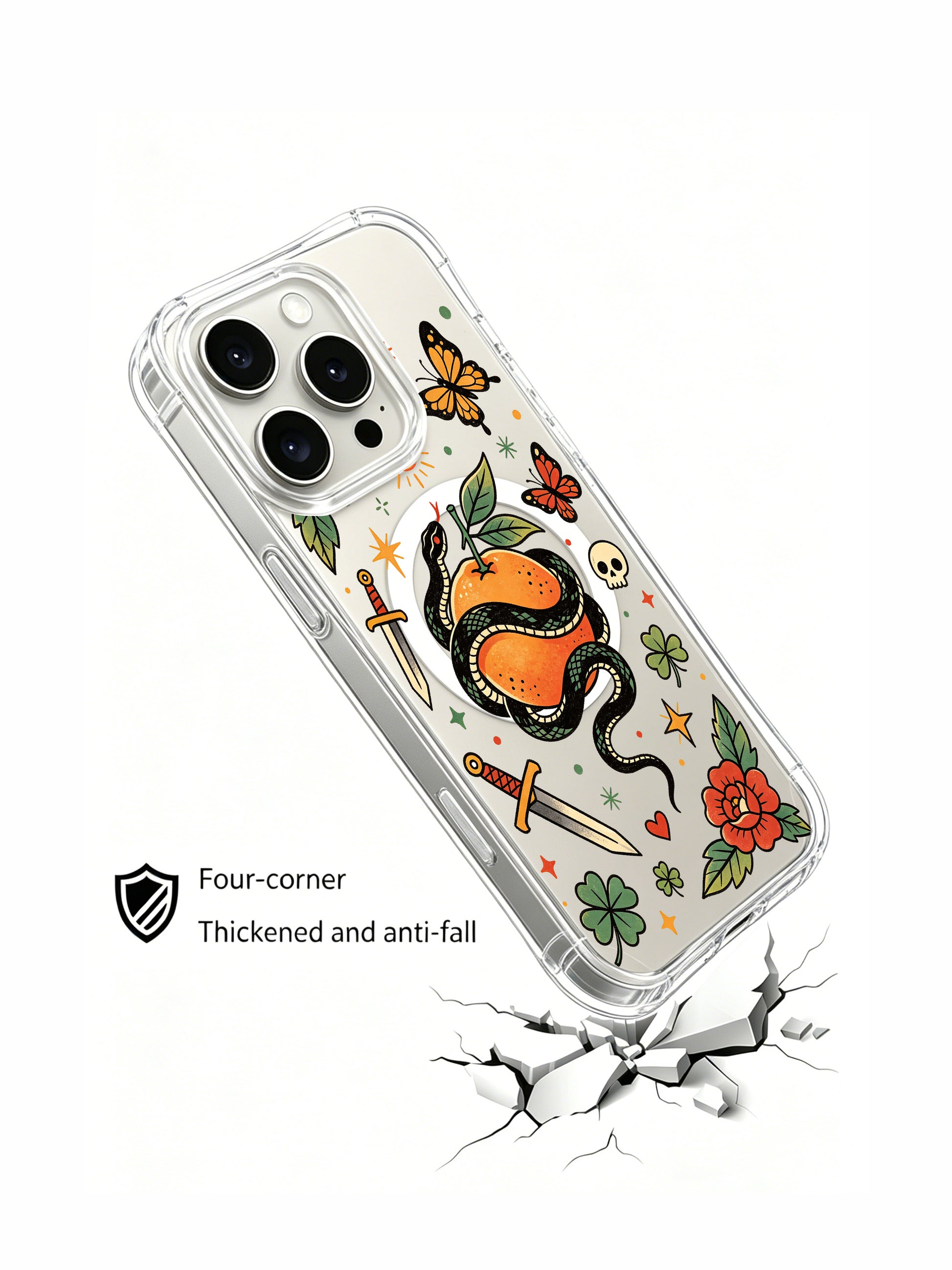 PhoneCasing iPhone 15 pro Case skull-free asymmetrical layout, dual mini sun motifs, clustered multi-size stars, blooming red flowers and coiled fruit snake, slim anti-yellowing iPhone 15 pro casing with complimentary free US domestic shipping.