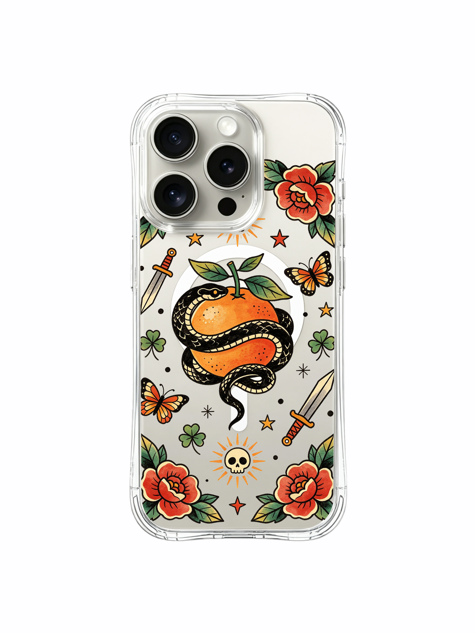 PhoneCasing iPhone 15 pro Case sun-free asymmetrical design, assorted varying size stars and scattered red blooms around retro garden snake, custom fade-resistant printed iPhone 15 pro casing.