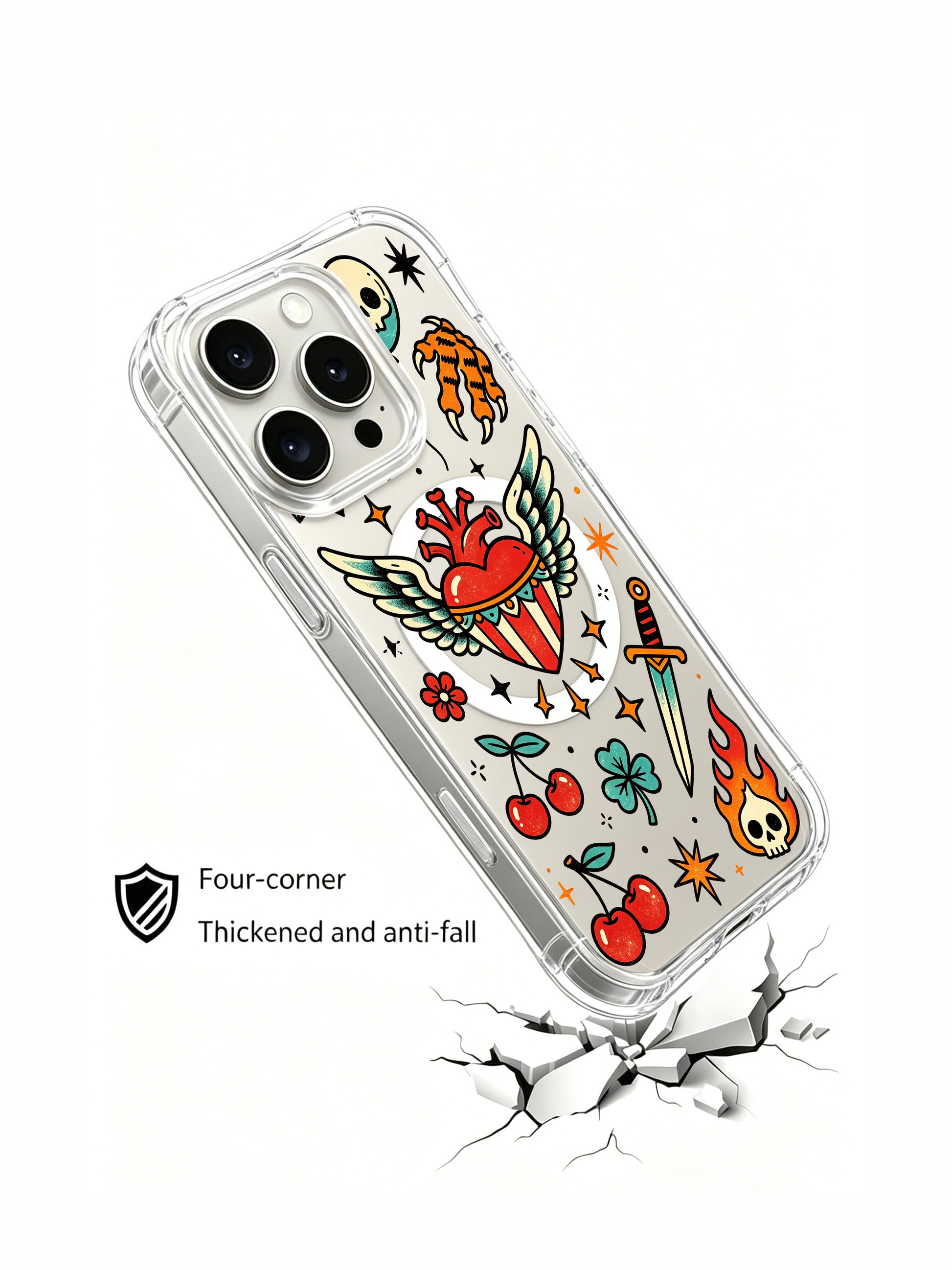 PhoneCasing iPhone 15 pro Case tiger-free asymmetrical layout, paired mini orange stars, hollow skull and runaway fiery heart artwork, slim anti-yellowing iPhone 15 pro casing with complimentary free US domestic shipping.