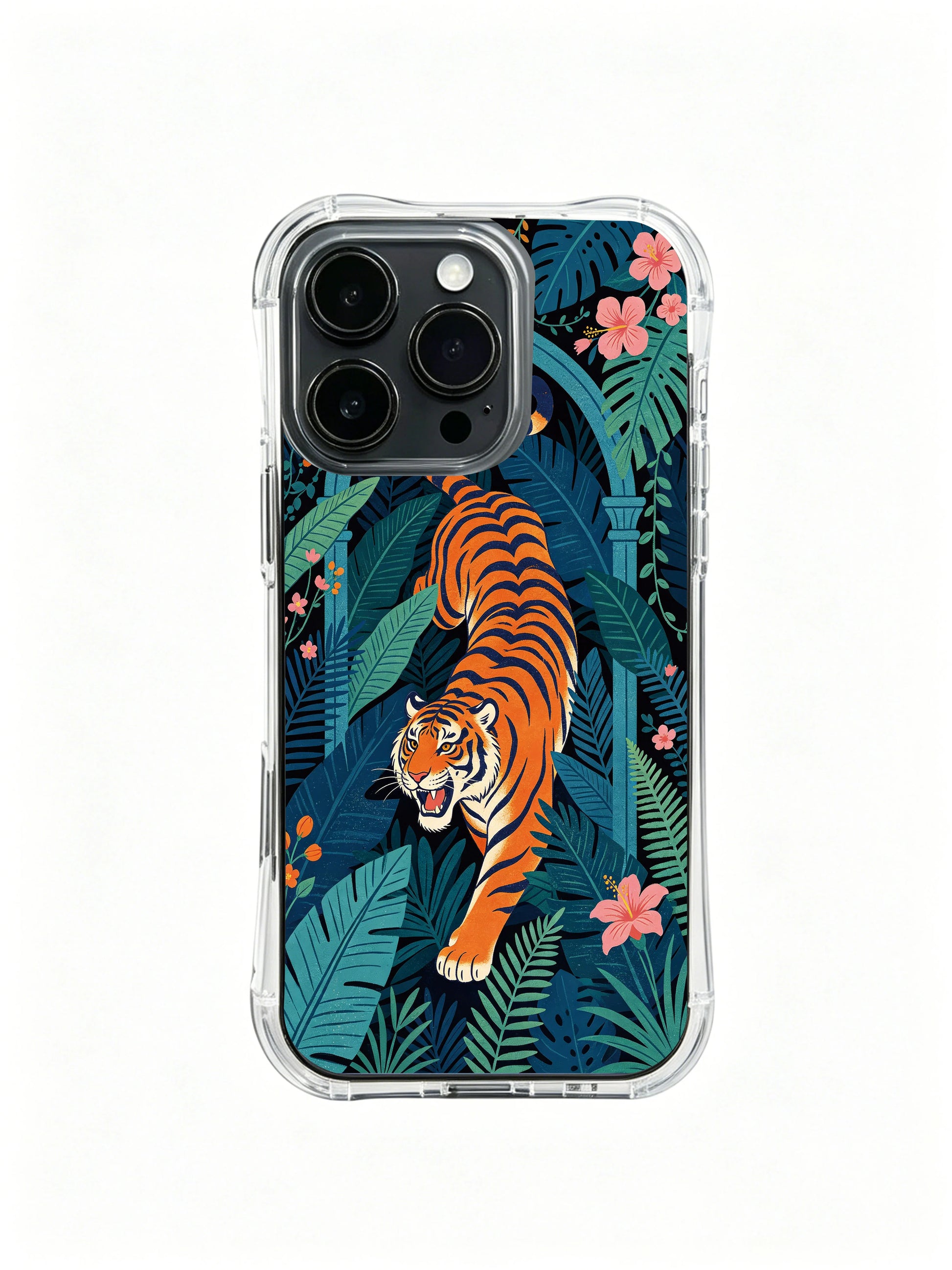 Fierce prowling orange tiger wandering inside lush leaf-built green palace artwork iPhone 13 pro Case from PhoneCasing, lightweight anti-drop transparent iPhone 13 pro casing, mysterious explorer themed wildlife decorative phone cover for iPhone 13 Pro users.