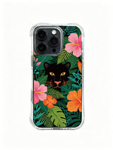 Hidden black panther among hibiscus and monstera artwork on an iPhone 13 Pro case