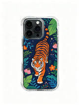 Vibrant starry night jungle prowling tiger artwork iPhone 13 pro Case from PhoneCasing, lightweight shock-absorbent clear iPhone 13 pro casing decorated with lush tropical foliage & pink orange blooms, trendy wildlife art phone cover for iPhone 13 Pro owners.