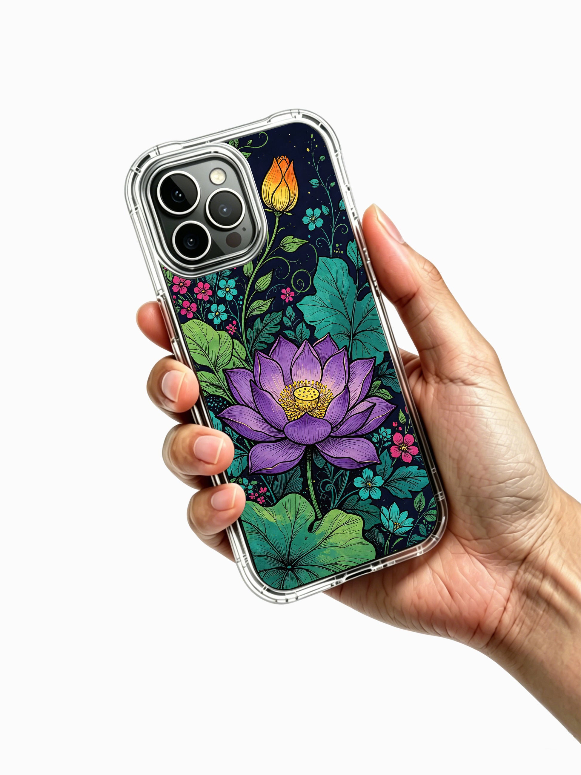 PhoneCasing iPhone 16 Pro Max Case showcasing nocturnal botanical art from the Midnight Purple Lotus Garden collection. Unique artist-designed floral case with vibrant colors and durable protection.