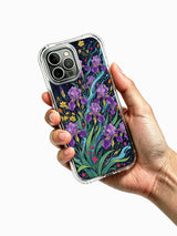 PhoneCasing iPhone 16 Pro Max Case with a nocturnal floral rush, a dense and energetic pattern of purple irises.