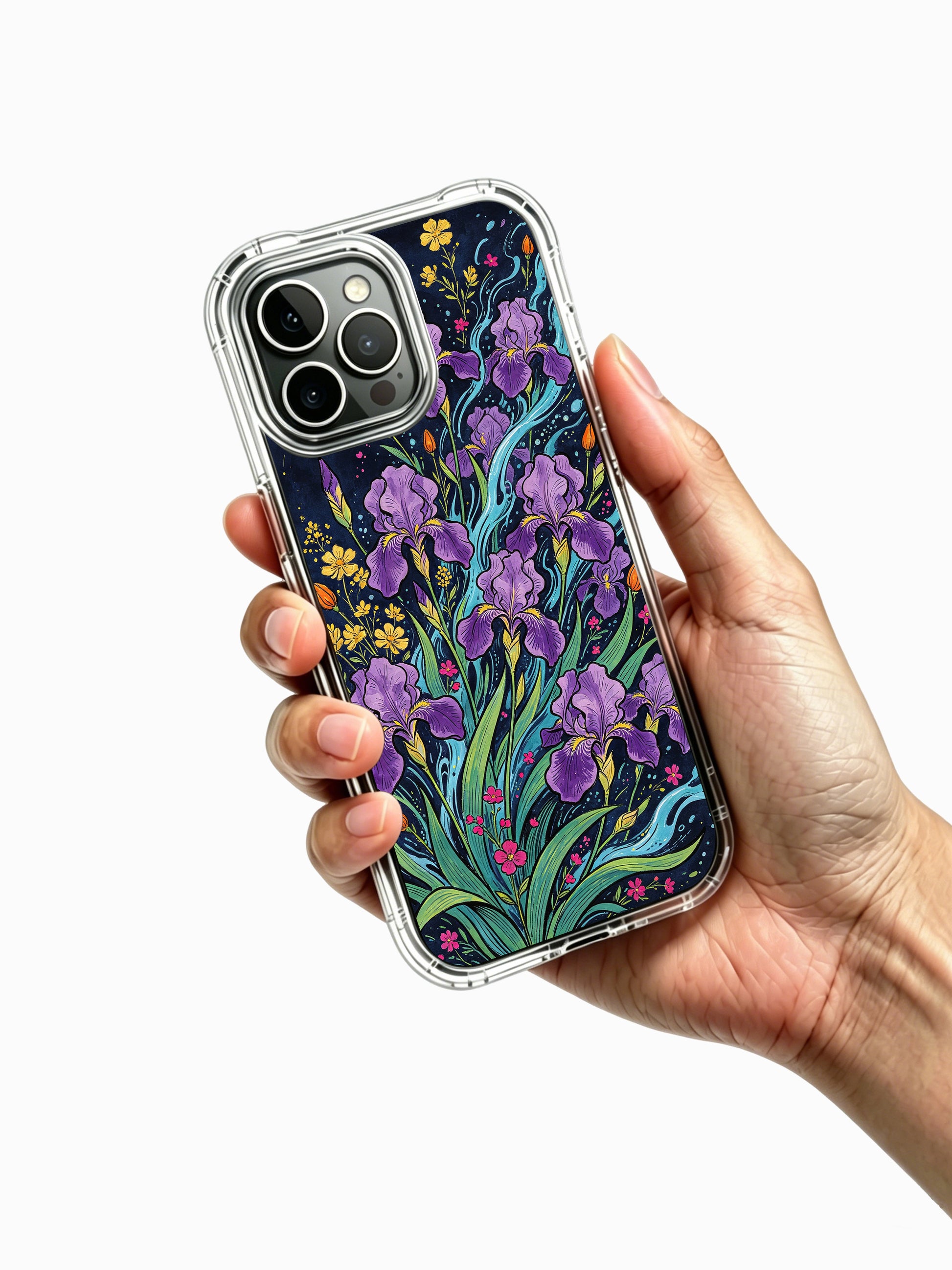 PhoneCasing iPhone 16 Pro Max Case with a nocturnal floral rush, a dense and energetic pattern of purple irises.