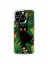 Nocturnal garden PhoneCasing iPhone 13 pro Case, shock-absorbent phone casing featuring stealth black kitty blending into dim tropical garden with scattered miniature hibiscus, trendy artistic iPhone cover.