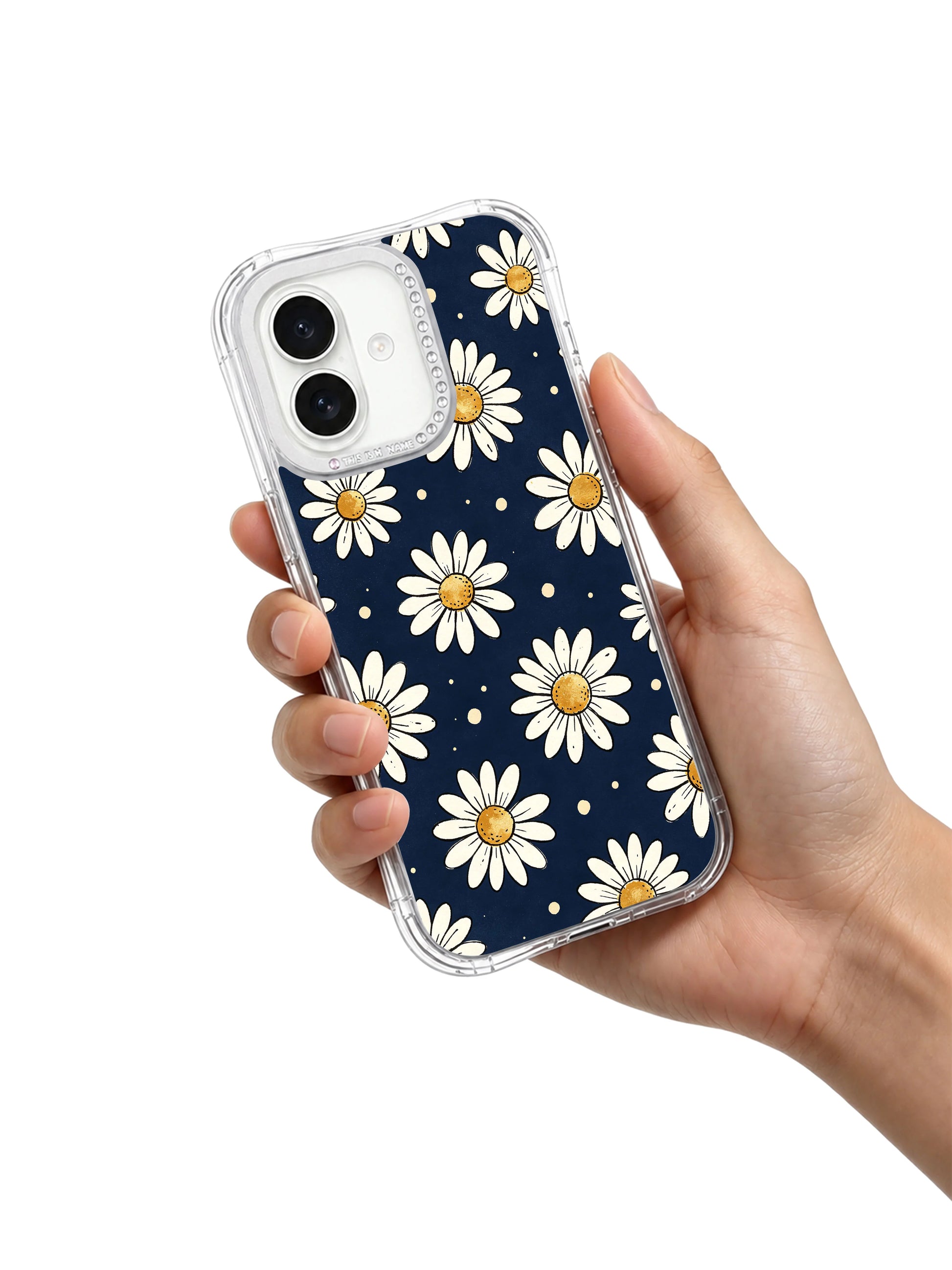 PhoneCasing non mass-produced limited iPhone 17 premium art casing Midnight Daisy Drift, original exclusive drifting daisy artwork from Solea Meadow, zero generic cheap duplicated prints.