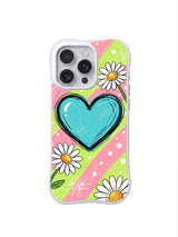 PhoneCasing iPhone 16 pro Case with full-bleed soft pink-lime pastel diagonal stripe tiny white polka dot backdrop hero oversized glossy cyan sketch heart scattered white daisy layout full of gentle innocent kawaii charm, Ruby Daze signature collection, MagSafe compatible wavy white protective art casing.