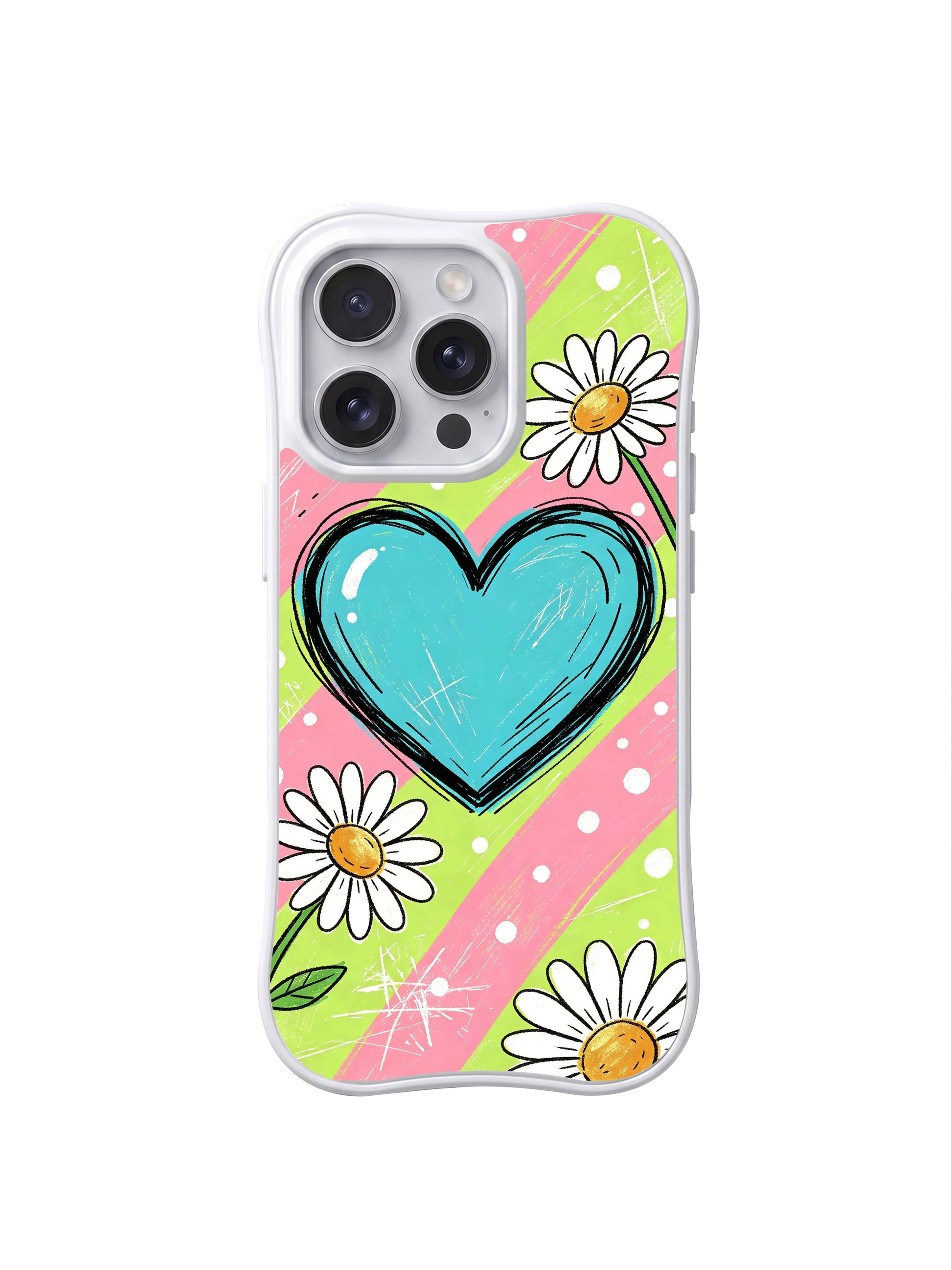 PhoneCasing iPhone 16 pro Case with full-bleed soft pink-lime pastel diagonal stripe tiny white polka dot backdrop hero oversized glossy cyan sketch heart scattered white daisy layout full of gentle innocent kawaii charm, Ruby Daze signature collection, MagSafe compatible wavy white protective art casing.
