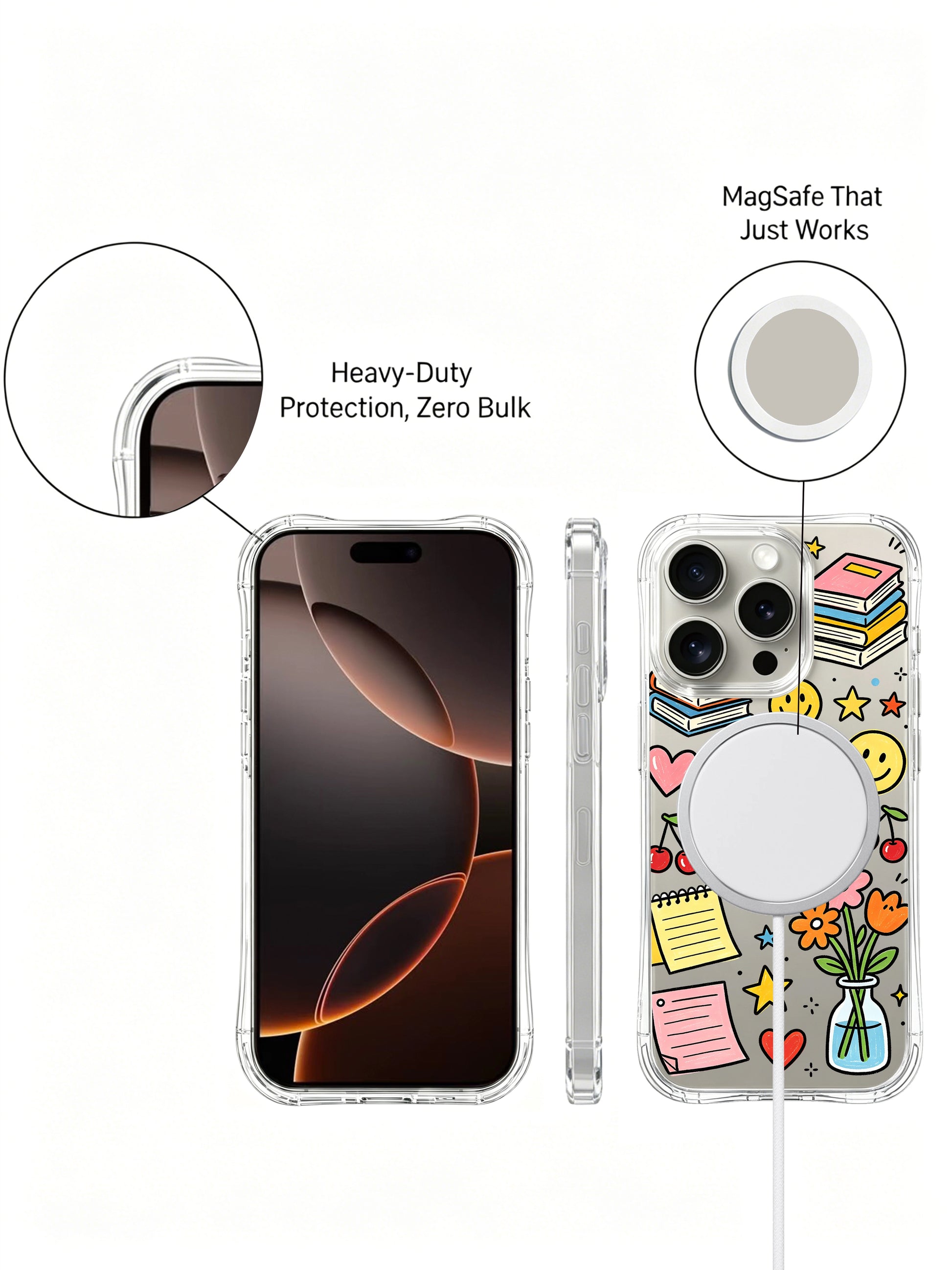 PhoneCasing iPhone 16 pro max slim ergonomic case with paper notes, cherry motifs, book stacks and Focus On Sunshine lettering for a cozy vibe.