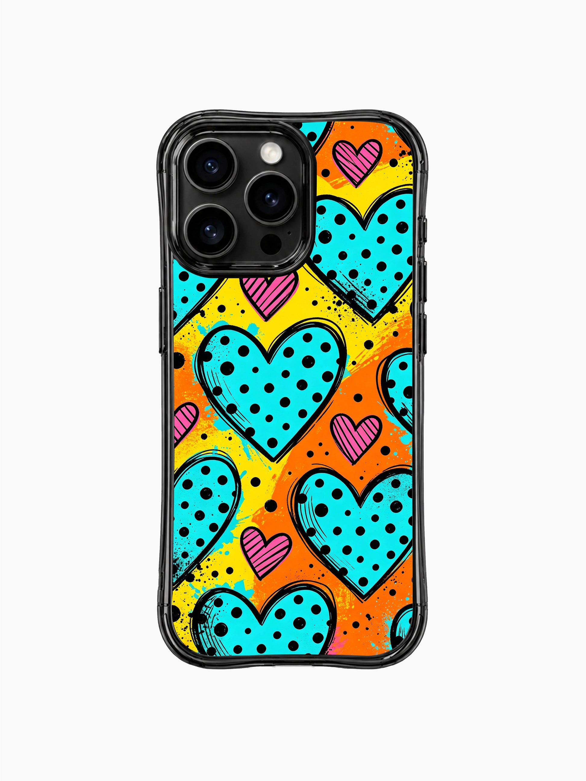 PhoneCasing iPhone 13 Pro Max casing featuring Nova Heartwell’s Blue Heart Confetti artwork, large turquoise polka dot hearts with pink striped mini hearts, bright orange yellow splash background, bold vibrant party romantic protective phone cover.