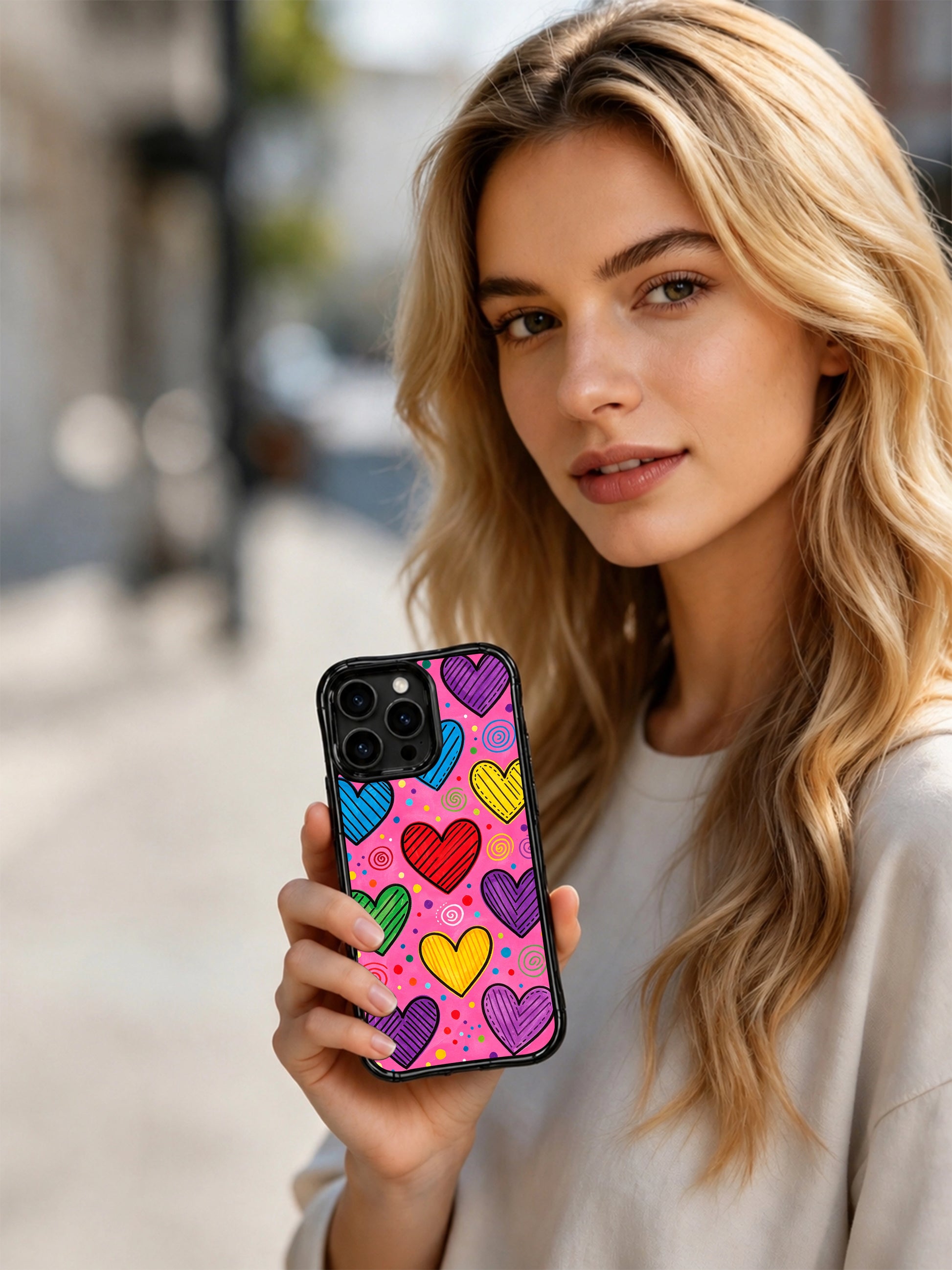 PhoneCasing iPhone 13 Pro Max cover original Nova Heartwell Hot Pink Love Storm design, vivid hot pink background heart burst street pop casing.