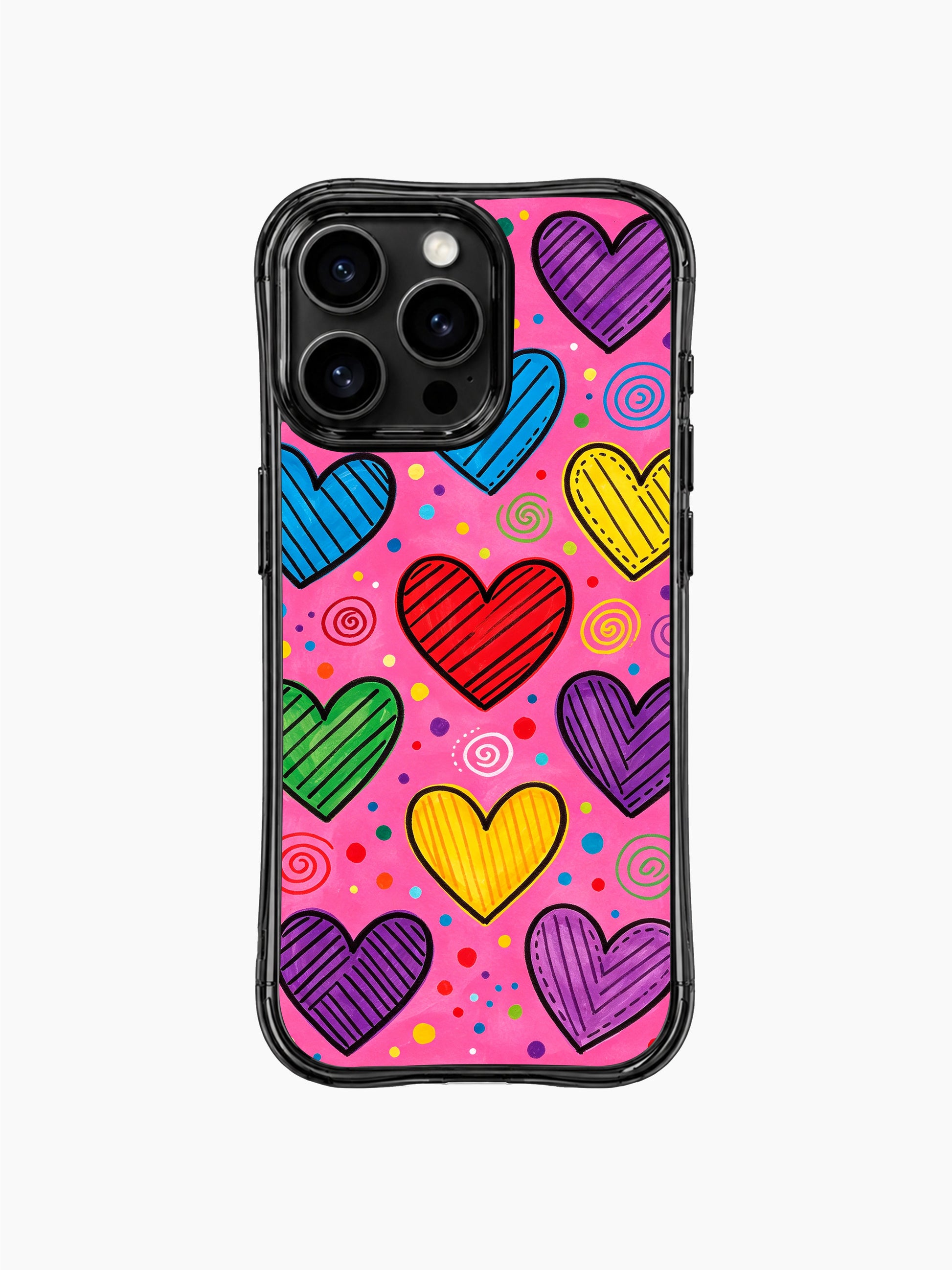 PhoneCasing iPhone 13 Pro Max casing featuring Nova Heartwell’s Hot Pink Love Storm artwork, multicolor striped doodle hearts floating on vivid hot pink base, joyful giddy romantic protective phone cover.