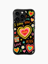 PhoneCasing iPhone 13 Pro Max casing featuring Nova Heartwell’s Love Letter Doodles art, handwritten I Love You & Kiss text with rainbow hearts daisies gift boxes on black background, sincere youthful romantic protective phone cover.