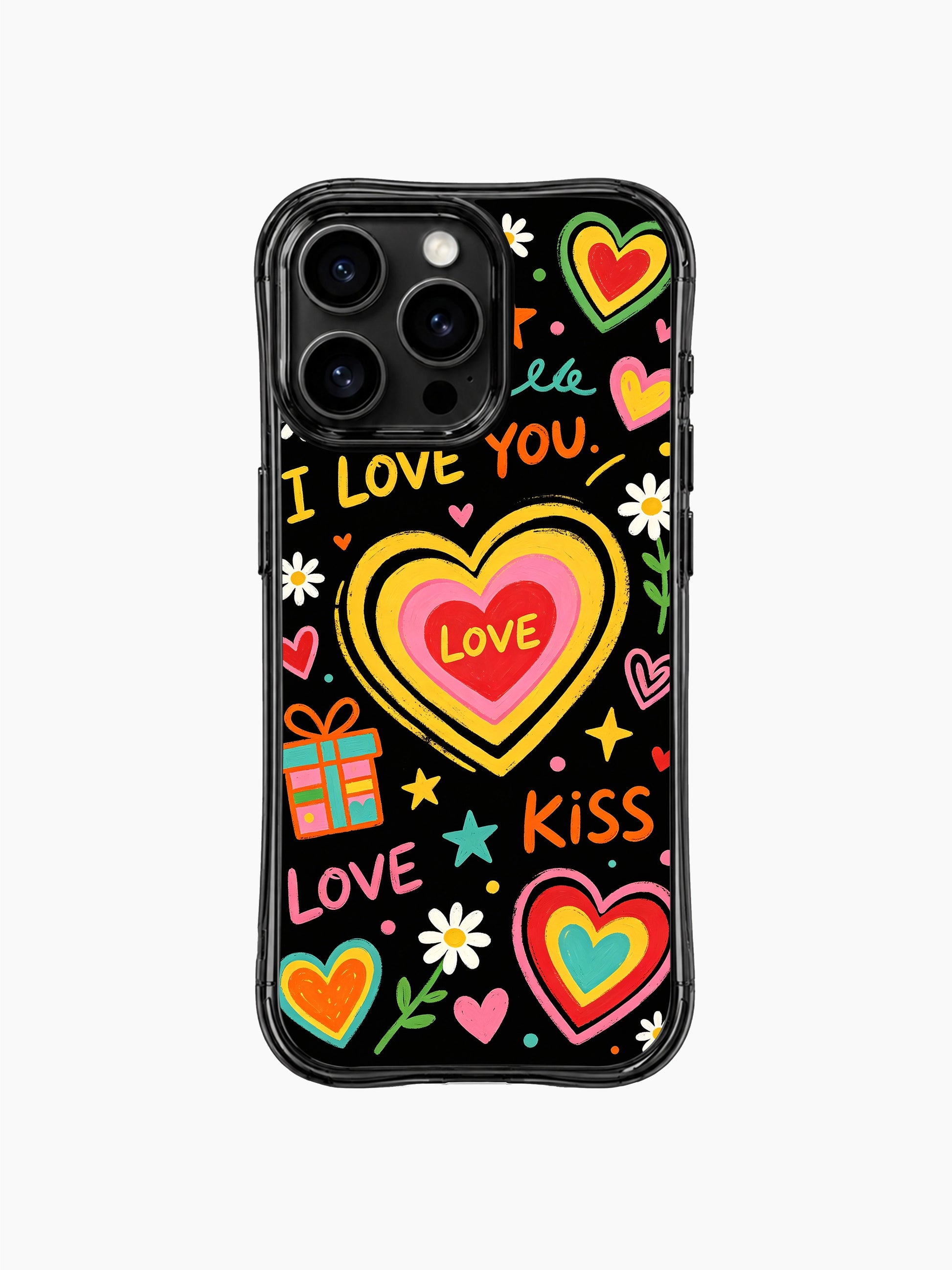 PhoneCasing iPhone 13 Pro Max casing featuring Nova Heartwell’s Love Letter Doodles art, handwritten I Love You & Kiss text with rainbow hearts daisies gift boxes on black background, sincere youthful romantic protective phone cover.