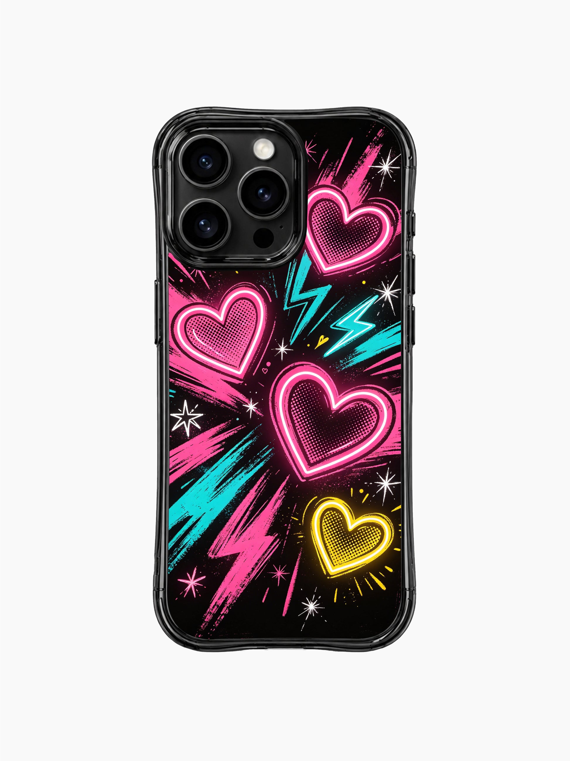 PhoneCasing iPhone 13 Pro Max casing featuring Nova Heartwell’s Love Sparks artwork, glowing neon outline hearts, halftone dot texture interiors, bold paint burst strokes, lightning bolt symbols, multi-shape star sparkles on textured black grunge background, edgy youthful neon romantic protective phone cover.