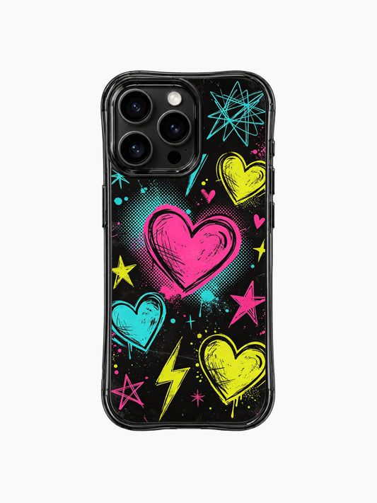 PhoneCasing iPhone 13 Pro Max casing featuring Nova Heartwell’s Punk Sweetheart art, neon pink cyan yellow grunge graffiti hearts on black backdrop, edgy romantic protective phone cover.