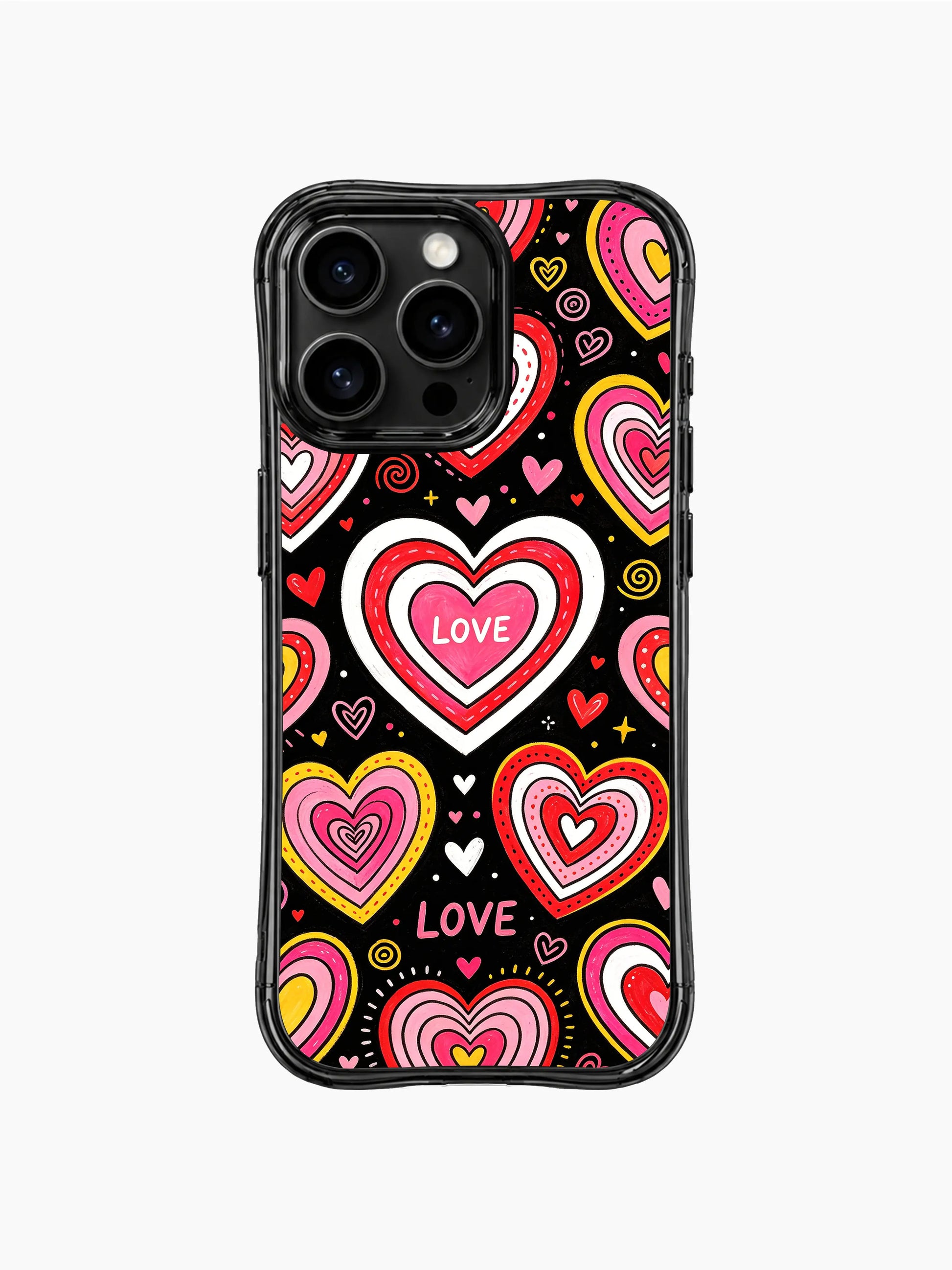 PhoneCasing iPhone 13 Pro Max casing featuring Nova Heartwell’s Rainbow Heart Candy Shop artwork, concentric layered rainbow candy hearts in pink red yellow white, hand-drawn LOVE lettering, tiny mini heart accents, spiral swirl & dot confetti sprinkles on solid black background, sweet playful candy romantic protective phone cover.