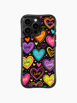 PhoneCasing iPhone 13 Pro Max casing featuring Nova Heartwell’s Sweet Chaos Hearts artwork, mismatched neon multicolor sketch hearts, scattered hand-drawn LOVE lettering & tiny confetti dots on solid black background, chaotic giddy crush joyful protective phone cover.