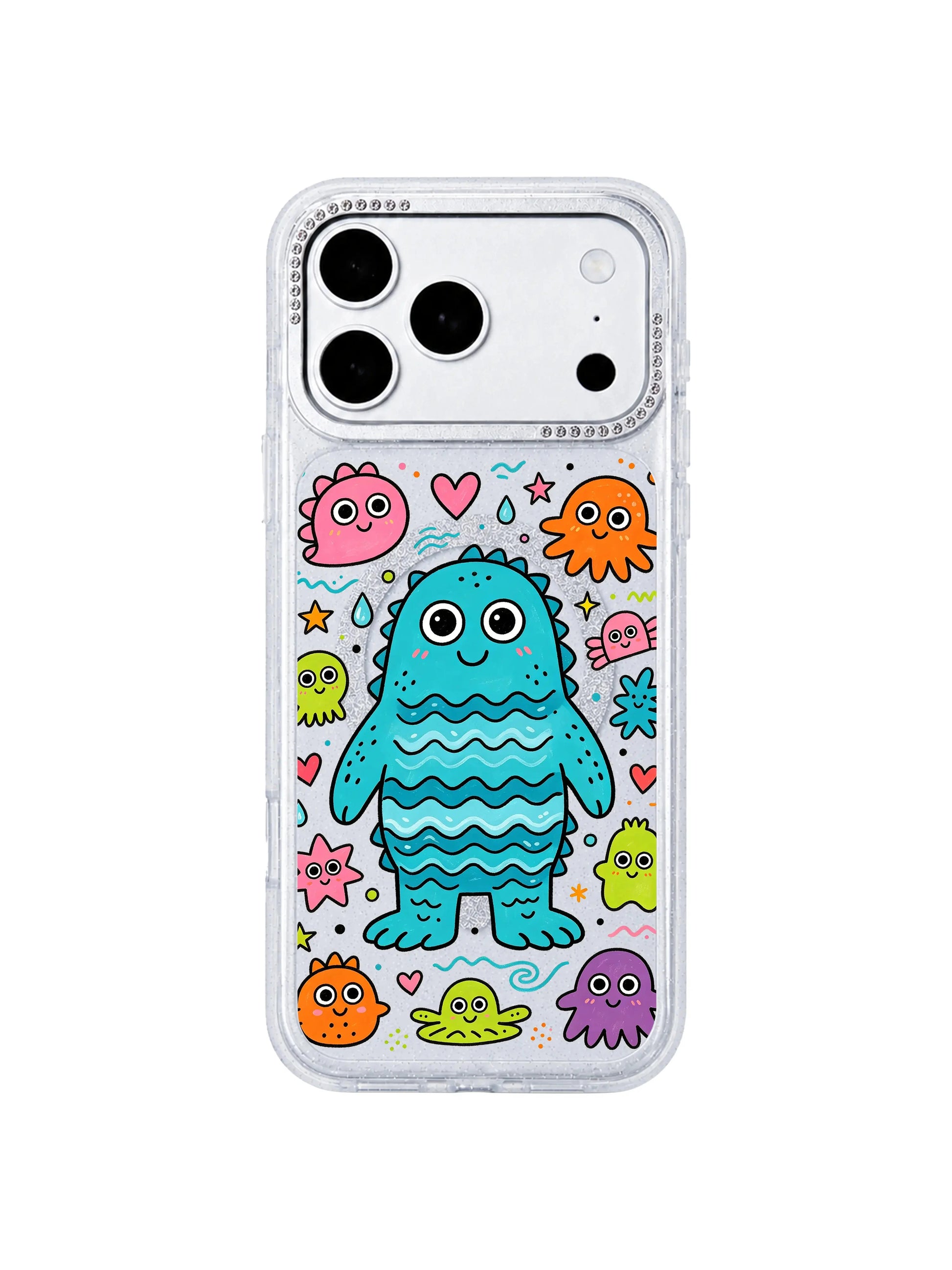 PhoneCasing bright outdoor street lifestyle photograph featuring Ocean Party Blue Monster iPhone 17 Pro Max case, upbeat kidcore marine print built to boost Google image SEO for trendy iPhone 17 Pro Max casing listings