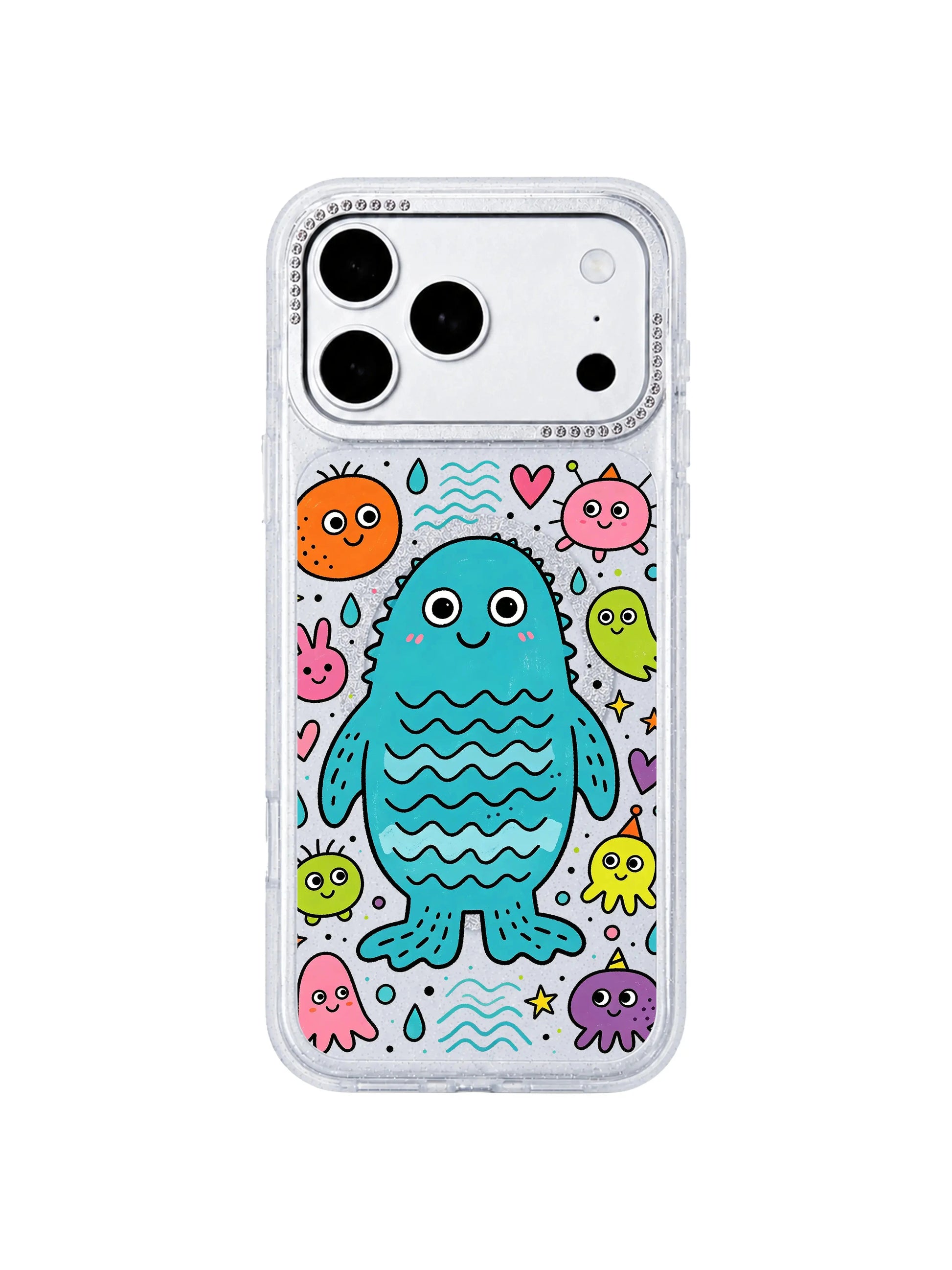 PhoneCasing soft warm cozy interior lifestyle image with Ocean Tide Blue Creature iPhone 17 Pro Max case, relaxed daily styling featuring dreamy seaside doodles on the glitter iPhone 17 Pro Max casing