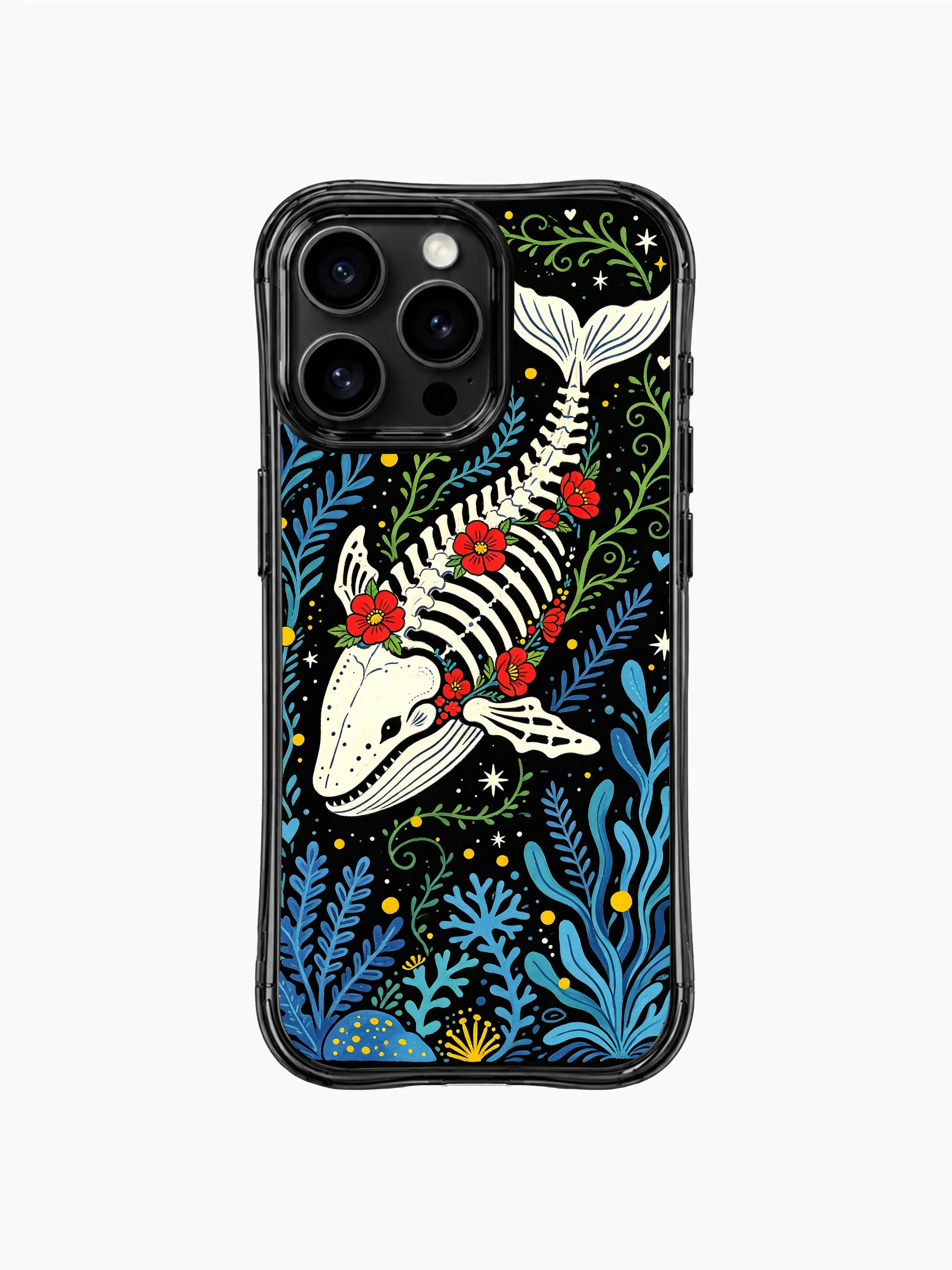 PhoneCasing iPhone 16 pro max shockproof case with an ocean whale folk art motif. Whimsical underwater design with skeleton and rose accents.